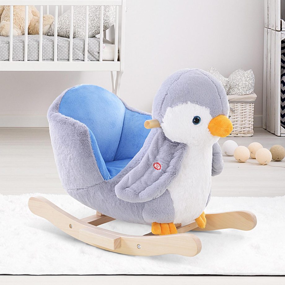 HOMCOM Children Kids Animal Rocking Horse Penguin Plush Musical Button 32 Songs Kid Rocker