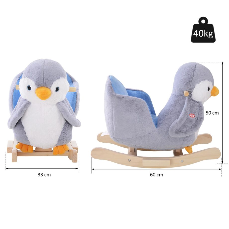 HOMCOM Children Kids Animal Rocking Horse Penguin Plush Musical Button 32 Songs Kid Rocker