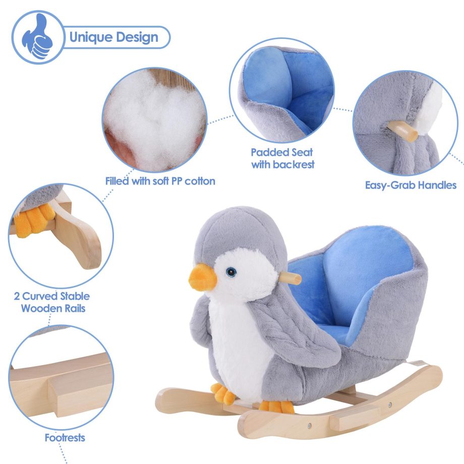HOMCOM Children Kids Animal Rocking Horse Penguin Plush Musical Button 32 Songs Kid Rocker