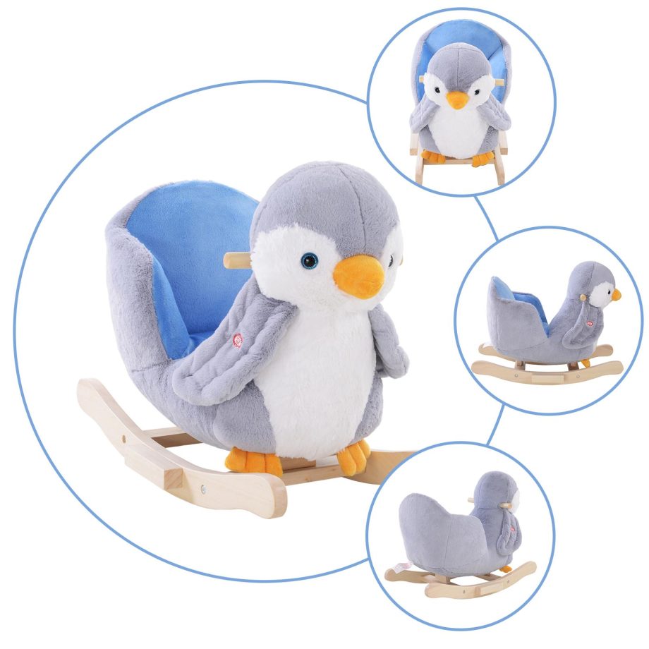 HOMCOM Children Kids Animal Rocking Horse Penguin Plush Musical Button 32 Songs Kid Rocker