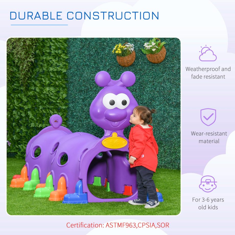 Outsunny Play Tunnel for Kids, Caterpillar Climbing Crawling Tunnel Equipment, for Ages 3-6 Years, Indoor, Outdoor, for Garden, Playground - Purple