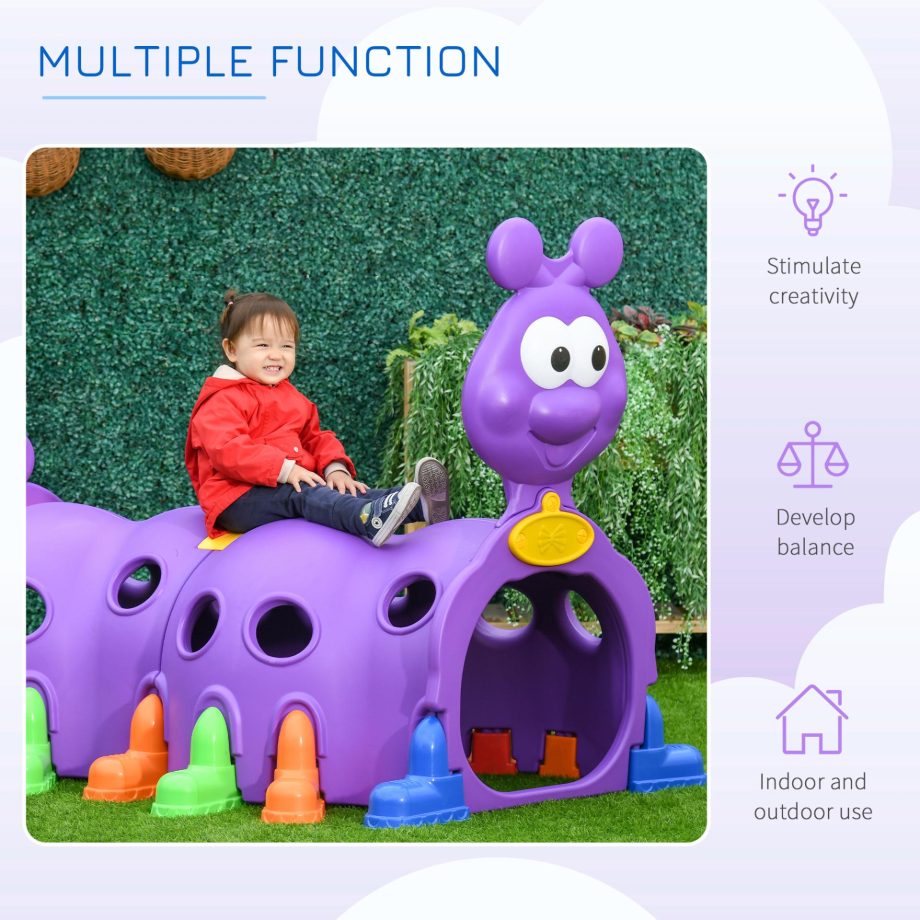 Outsunny Play Tunnel for Kids, Caterpillar Climbing Crawling Tunnel Equipment, for Ages 3-6 Years, Indoor, Outdoor, for Garden, Playground - Purple