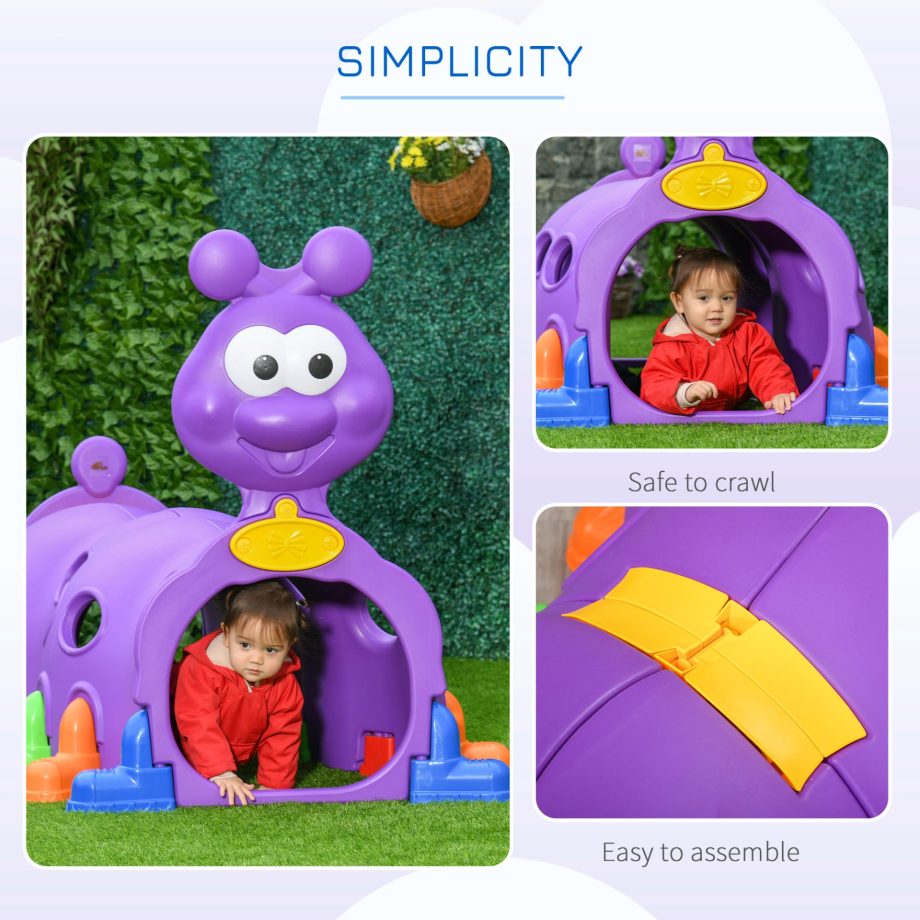Outsunny Play Tunnel for Kids, Caterpillar Climbing Crawling Tunnel Equipment, for Ages 3-6 Years, Indoor, Outdoor, for Garden, Playground - Purple